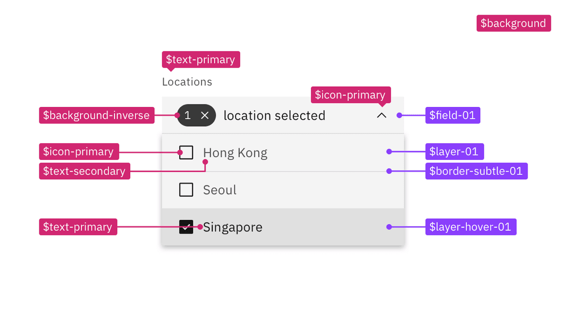Example of the new token names with the layer model tokens highlighted in purple.